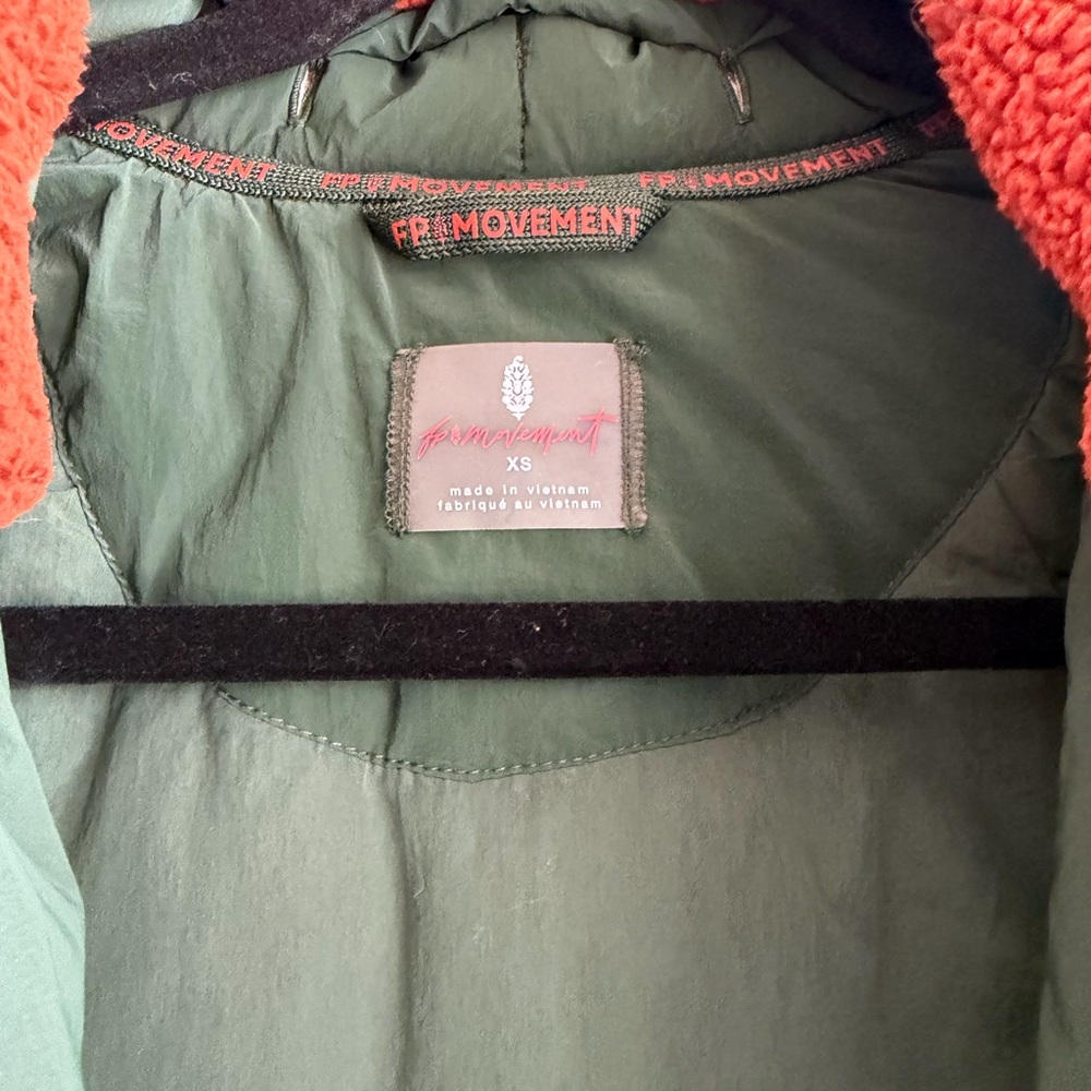 Free People Dark Green Bomber Jacket with removable Orange Sherpa Collar - Picture 3 of 3